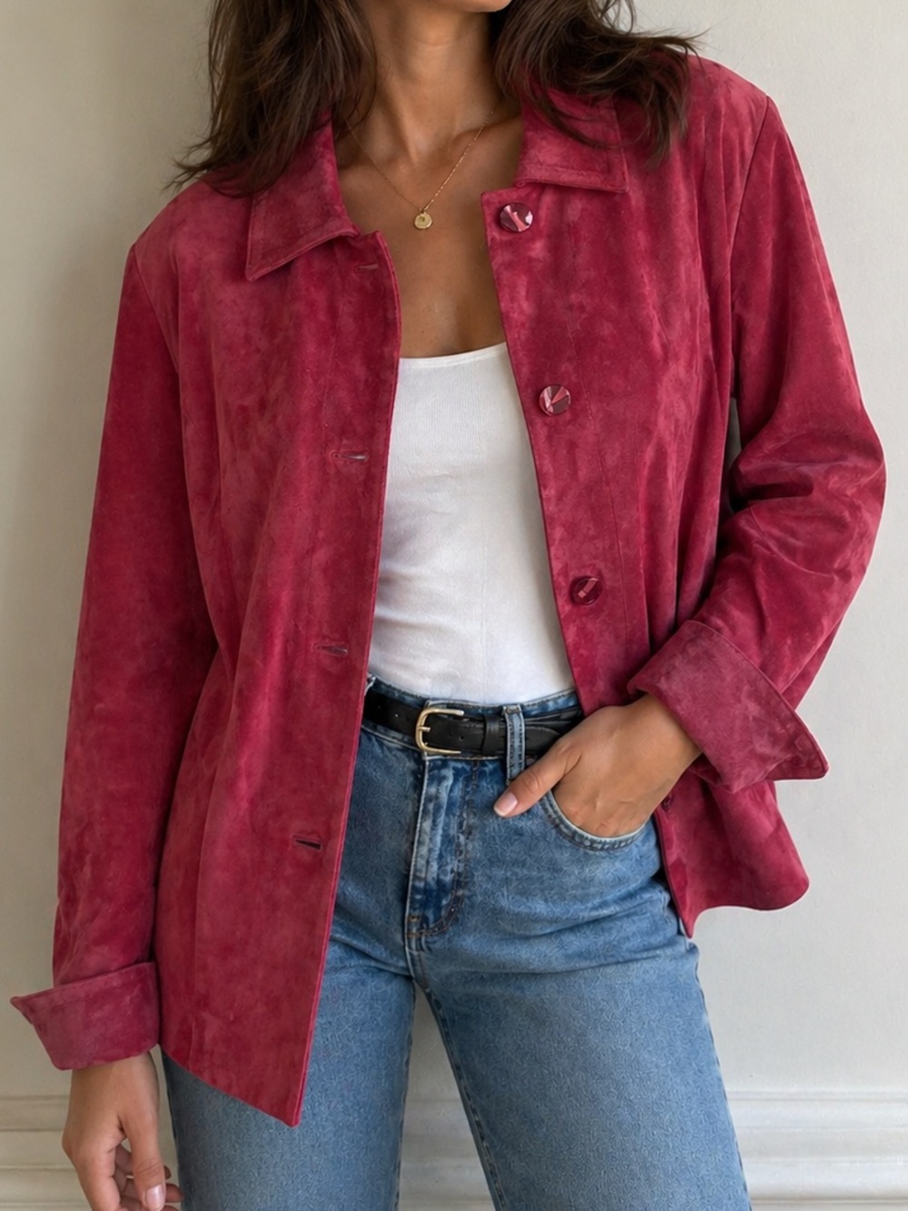 Guillaume Genuine Leather Jacket Red Suede Button Front Oversized Fit